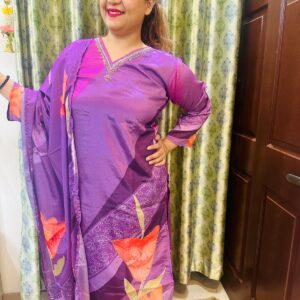 3-Piece Crepe Suit Set with Handwork Neck