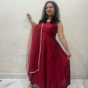 Elegant Maroon Roman Chanderi Silk Anarkali Set with Dupatta and Pants