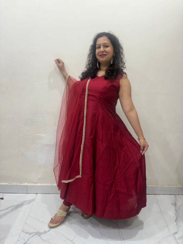 Elegant Maroon Roman Chanderi Silk Anarkali Set with Dupatta and Pants - Image 2
