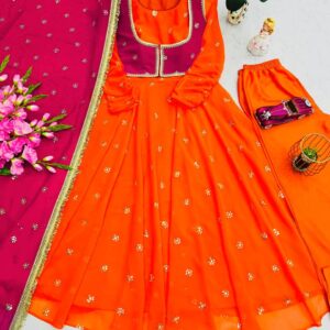 Royal Grace: Floor-Length Anarkali Set with Pant & Dupatta